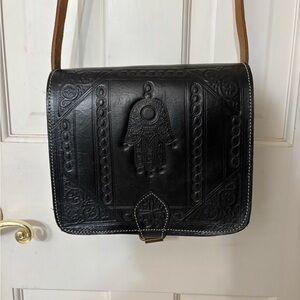 Imported Moroccan Black Embossed Leather Crossbody Bag
